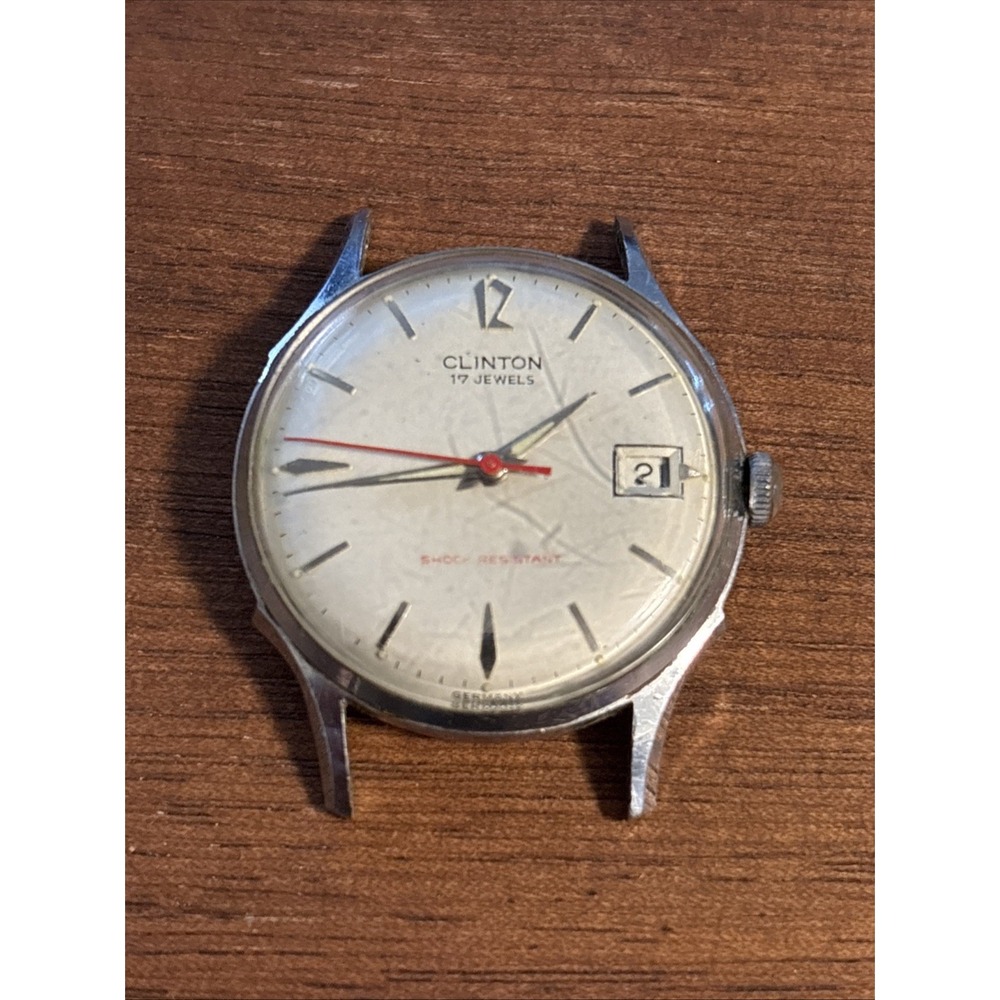 Vintage Clinton 17 Jewels Manual Wind Mens Watch Date Red Seconds Hand Swiss VTG